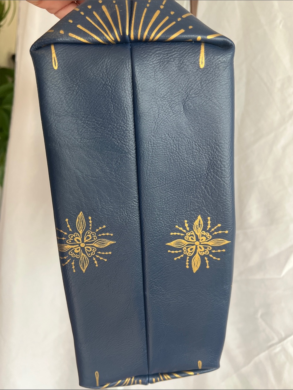 Papaya Navy Tote with Gold Mandala and Brown Straps Pink Satan Lined - Picture 14 of 16